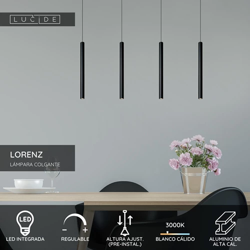Lucide LORENZ - Lámpara colgante - LED Regul. - 4x4W 3000K - Negro - USP